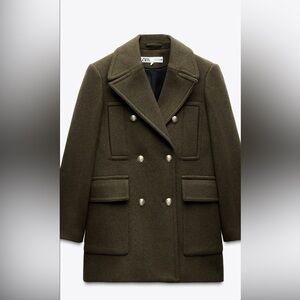 NWT ZARA DOUBLE BREASTED WOOL COAT KHAKI GREEN SZ XS